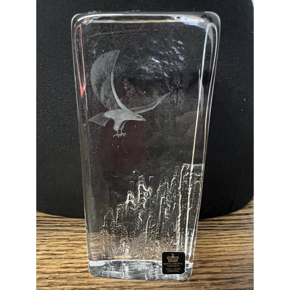 Vintage Skruf Swedish‎ Crystal Art Glass Sculpture Eagle & Mountain Full Lead